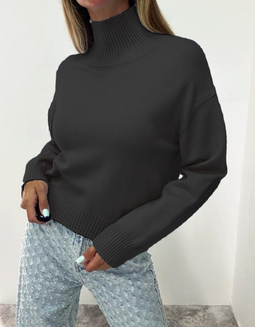 Ribbed Turtleneck Drop Shoulder Sweater - Black