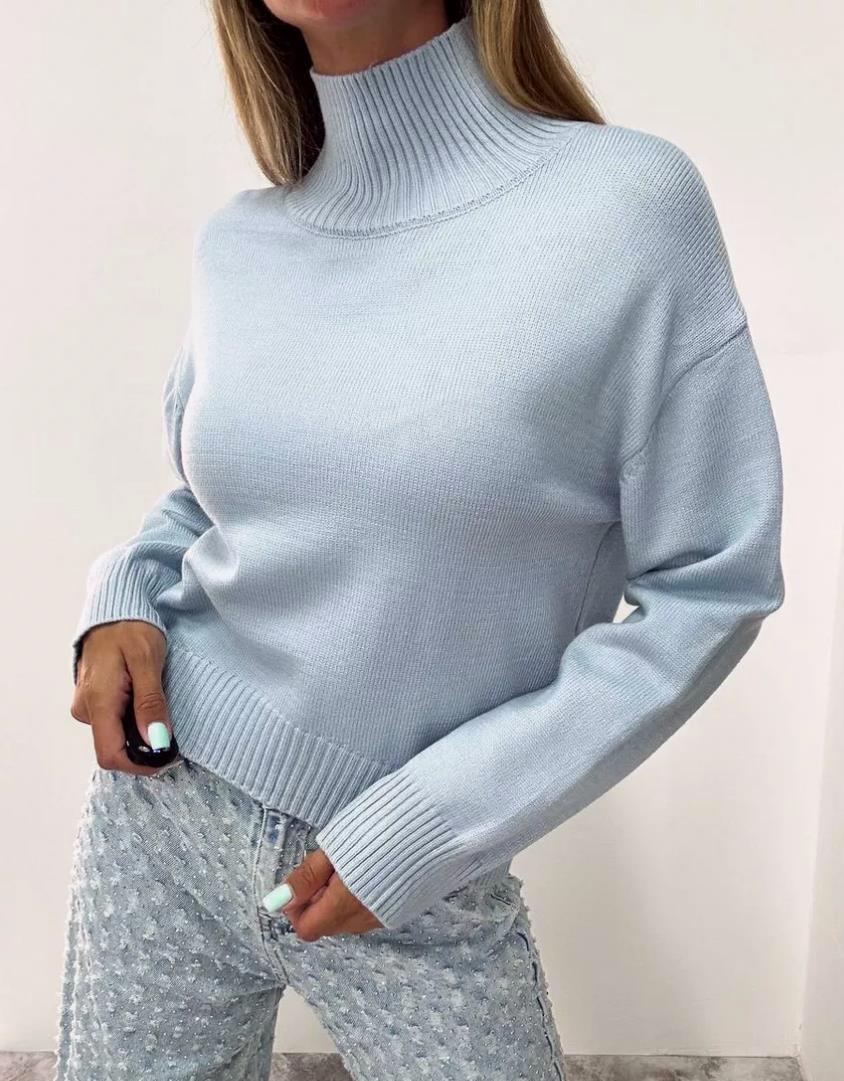 Ribbed Turtleneck Drop Shoulder Sweater - Blue