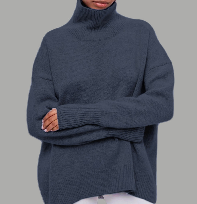 Ribbed Turtleneck Drop Shoulder Sweater - Bluegray