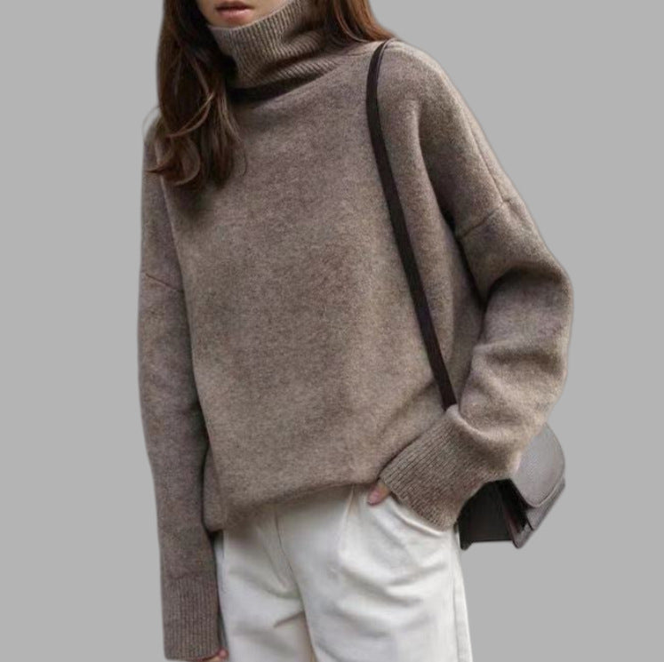 Ribbed Turtleneck Drop Shoulder Sweater - Coffee