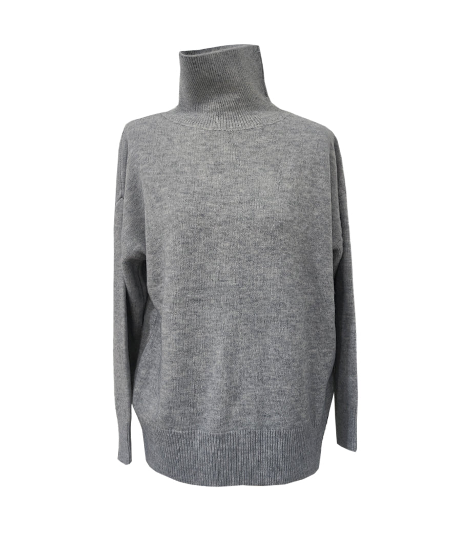 Ribbed Turtleneck Drop Shoulder Sweater - Gray