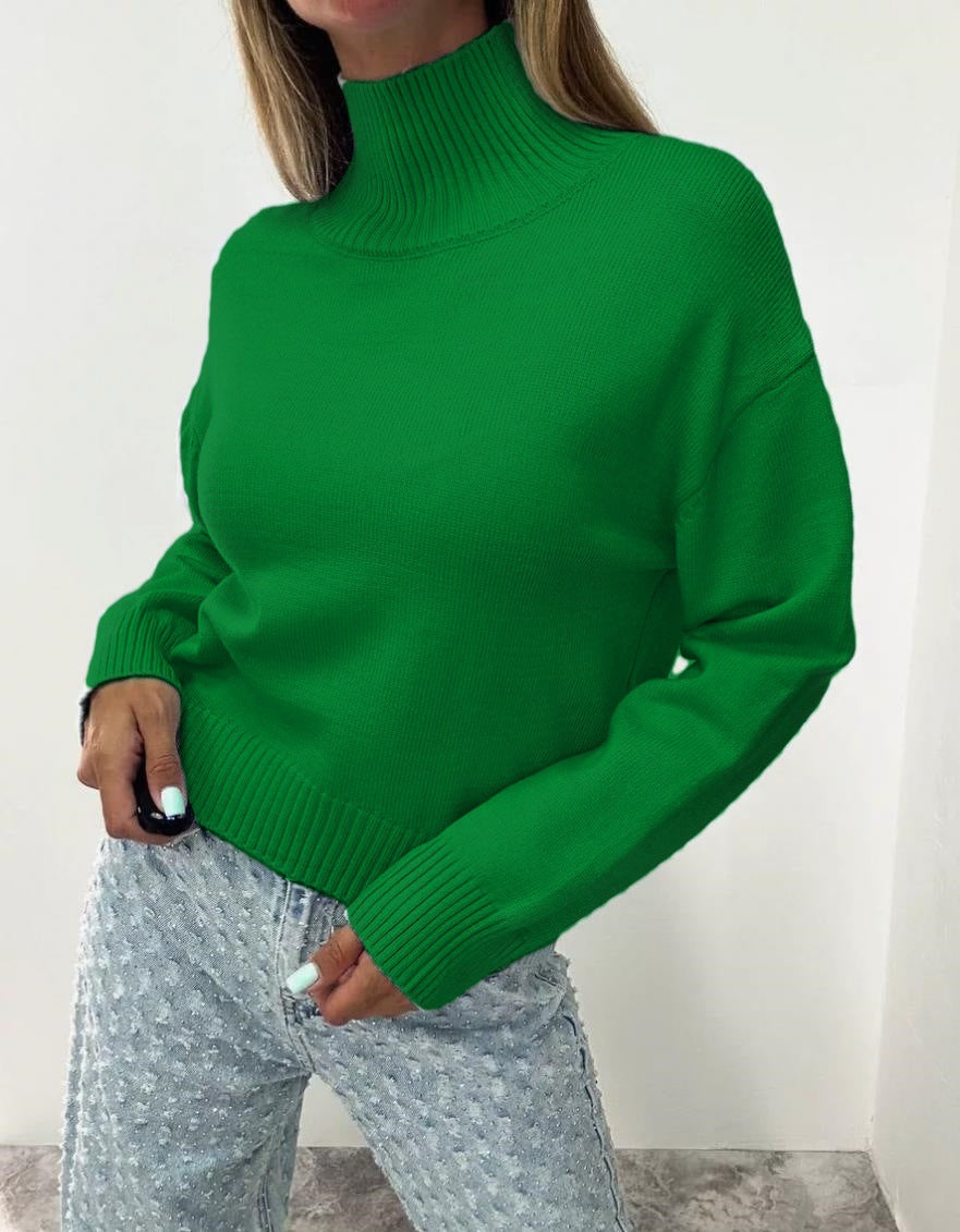 Ribbed Turtleneck Drop Shoulder Sweater - Green