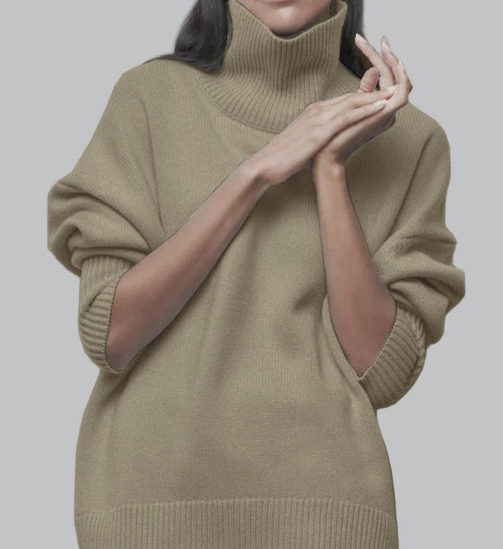 Ribbed Turtleneck Drop Shoulder Sweater - Khaki