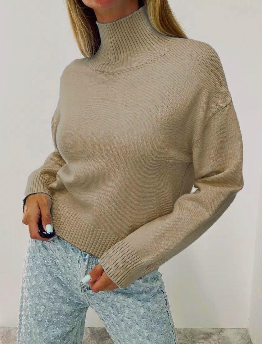 Ribbed Turtleneck Drop Shoulder Sweater - Khaki - 1