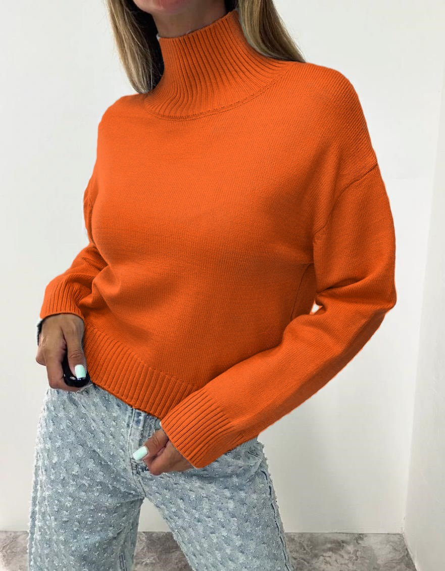 Ribbed Turtleneck Drop Shoulder Sweater - Orange