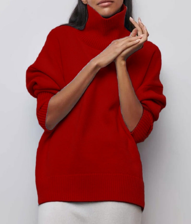 Ribbed Turtleneck Drop Shoulder Sweater - Red