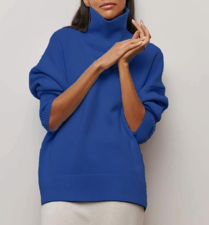 Ribbed Turtleneck Drop Shoulder Sweater - SeaBlue