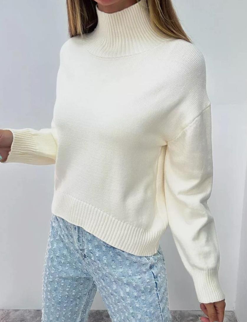 Ribbed Turtleneck Drop Shoulder Sweater - White