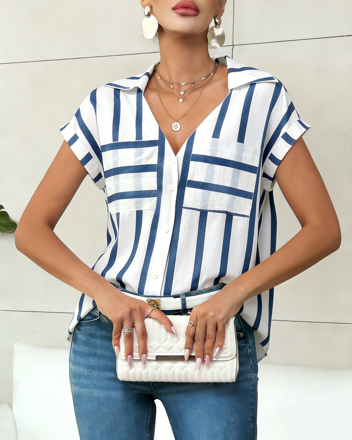 Mixed Stripe V Neck Cap Sleeve Blouse - Blue