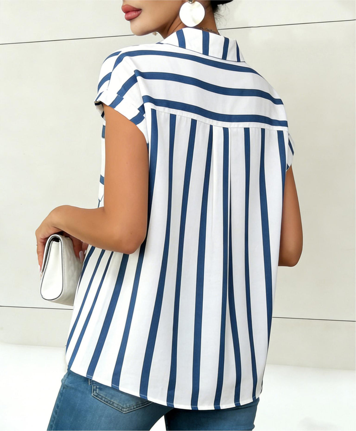 Mixed Stripe V Neck Cap Sleeve Blouse - Blue - 1