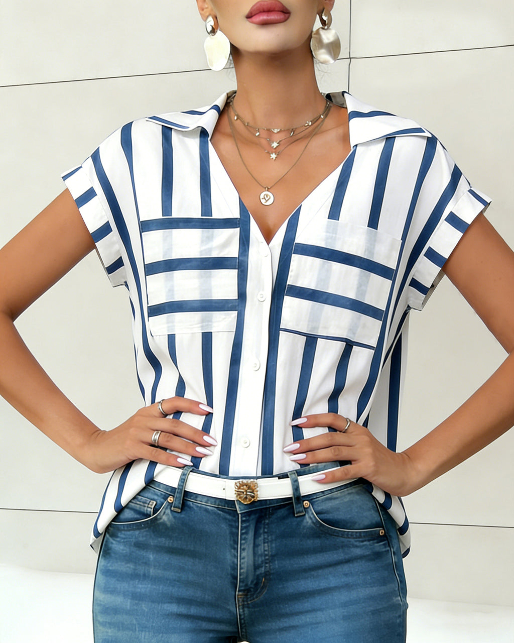 Mixed Stripe V Neck Cap Sleeve Blouse - Blue - 3