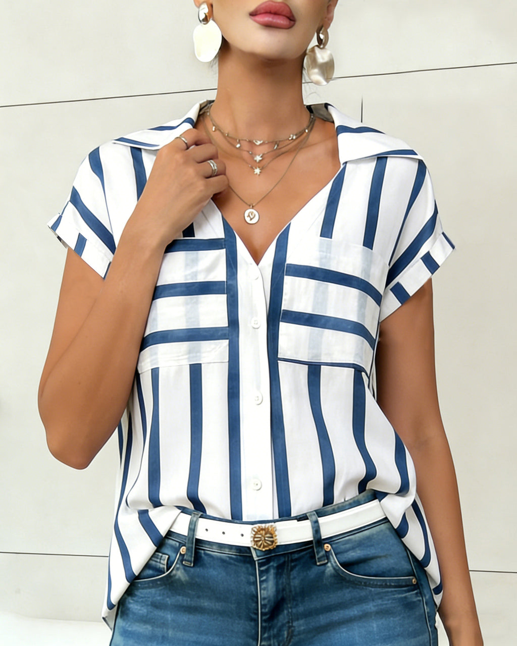 Mixed Stripe V Neck Cap Sleeve Blouse - Blue - 5