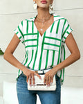 Mixed Stripe V Neck Cap Sleeve Blouse - Green