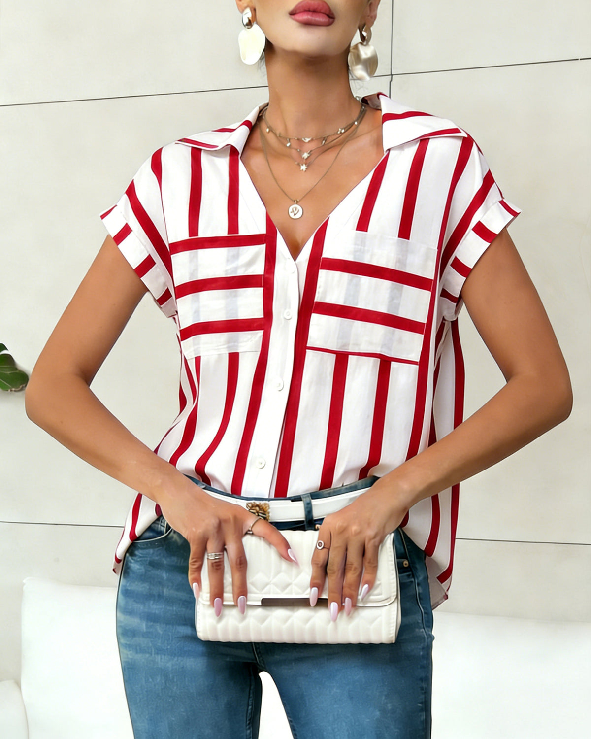 Mixed Stripe V Neck Cap Sleeve Blouse - Red
