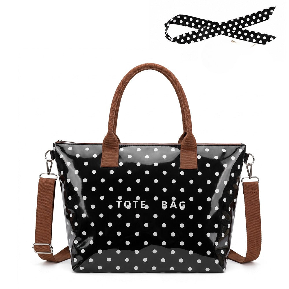 Coated Canvas Polka Dot Shoulder Tote Bag - Black - 1
