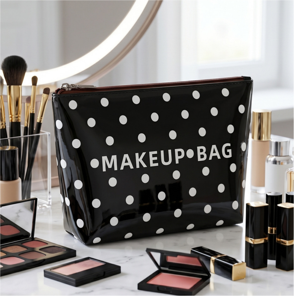 Coated Canvas Polka Dot Shoulder Tote Bag - Black - 2