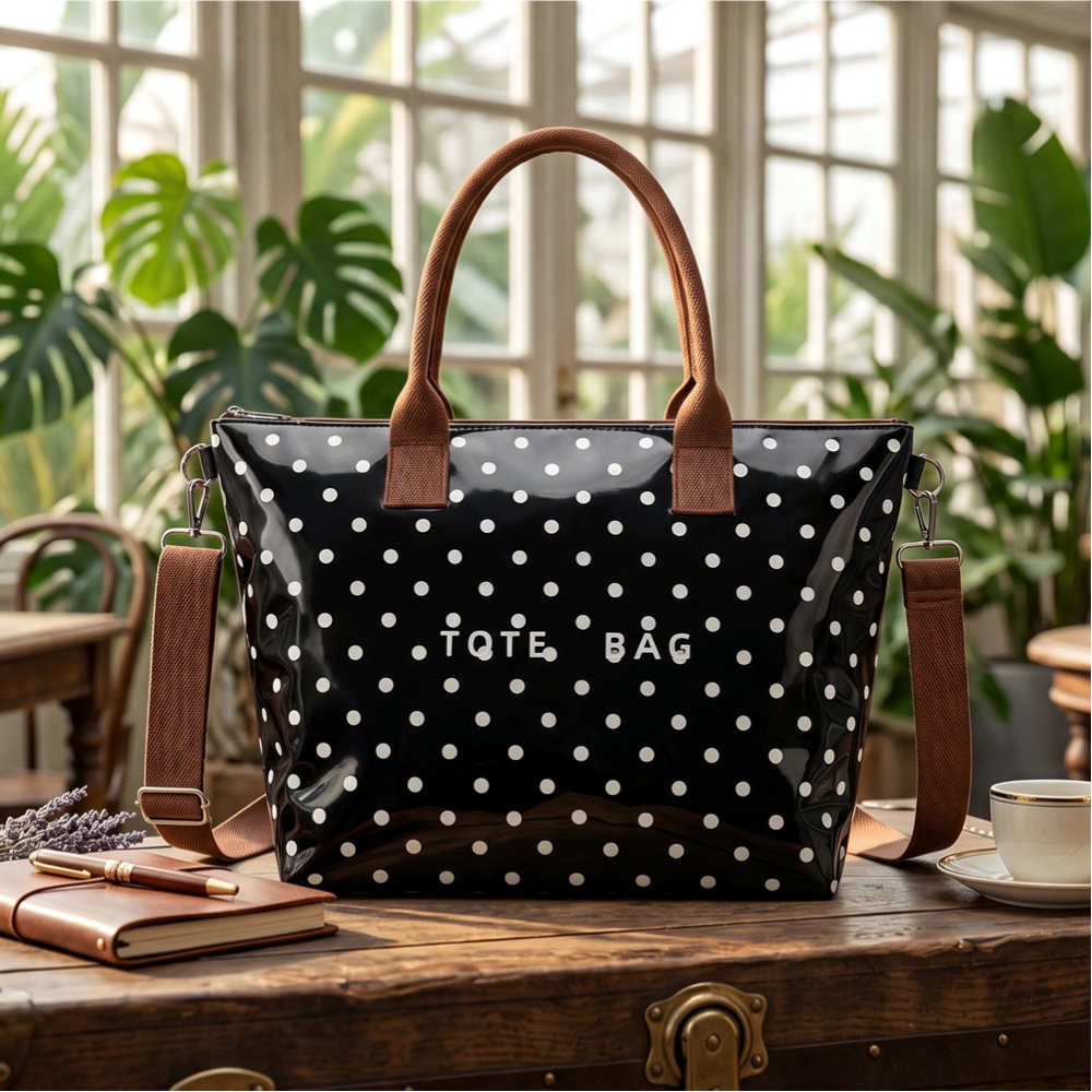 Coated Canvas Polka Dot Shoulder Tote Bag - Black - 3