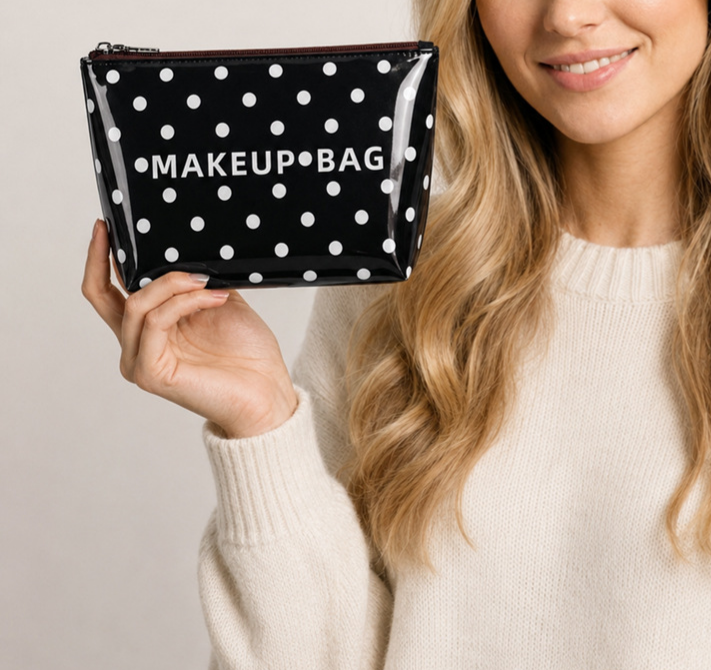 Coated Canvas Polka Dot Shoulder Tote Bag - Black - 4