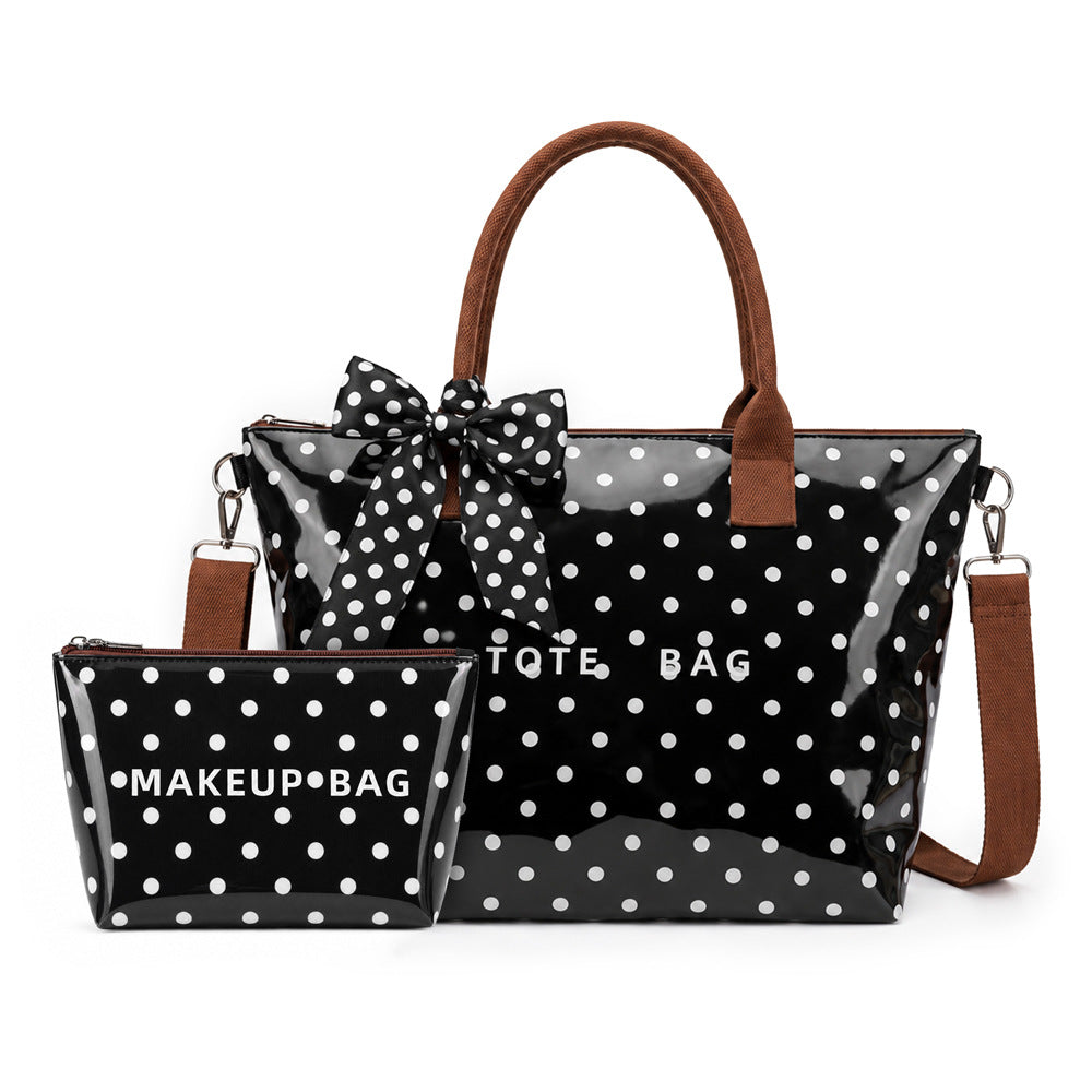 Coated Canvas Polka Dot Shoulder Tote Bag - BlackSet