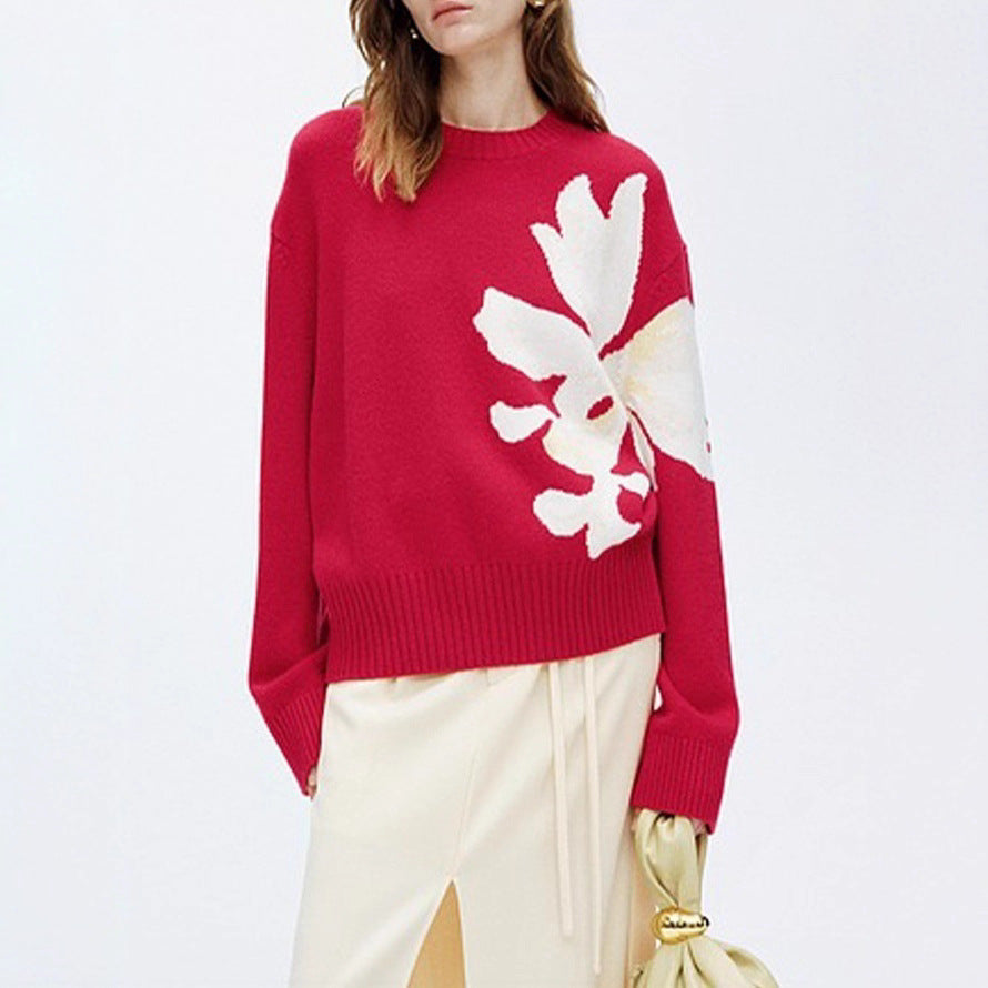 Floral Intarsia Round Neck Holiday Sweater - Red