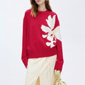 Floral Intarsia Round Neck Holiday Sweater - Red