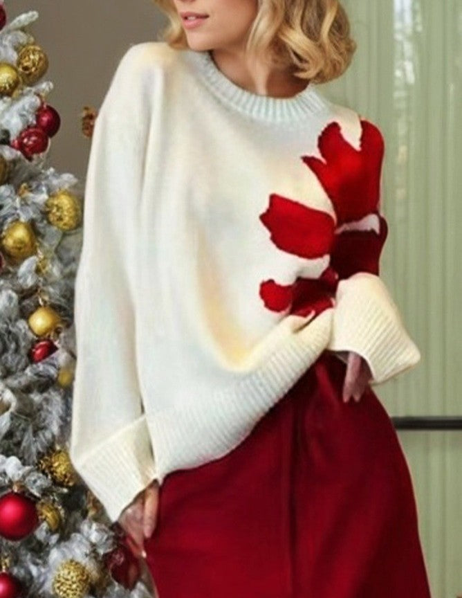 Floral Intarsia Round Neck Holiday Sweater - White