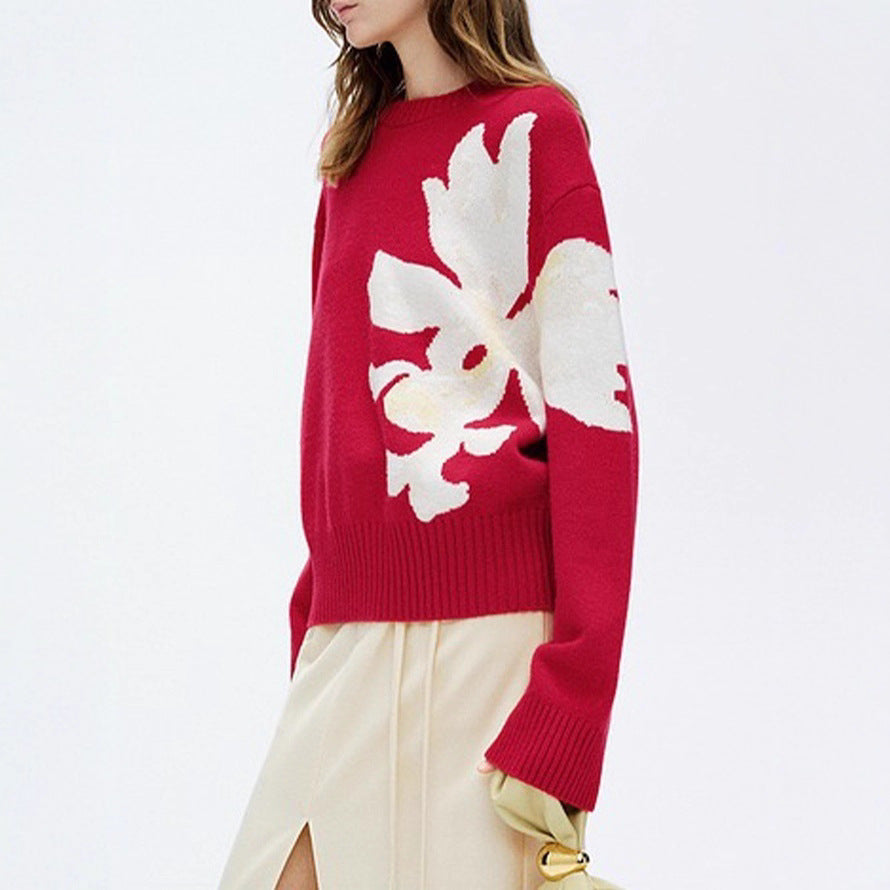 Floral Intarsia Round Neck Holiday Sweater