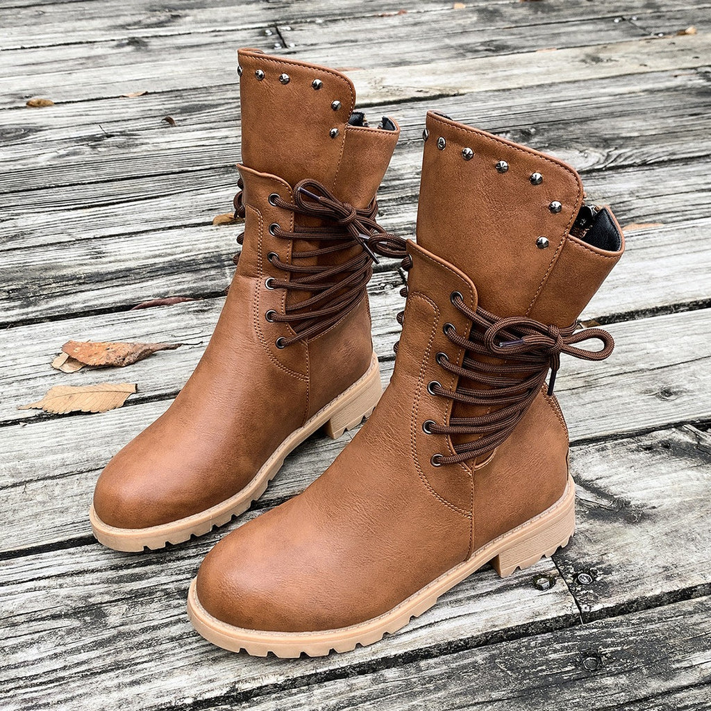 Lace Wrap Studded Mid Calf Combat Boots
