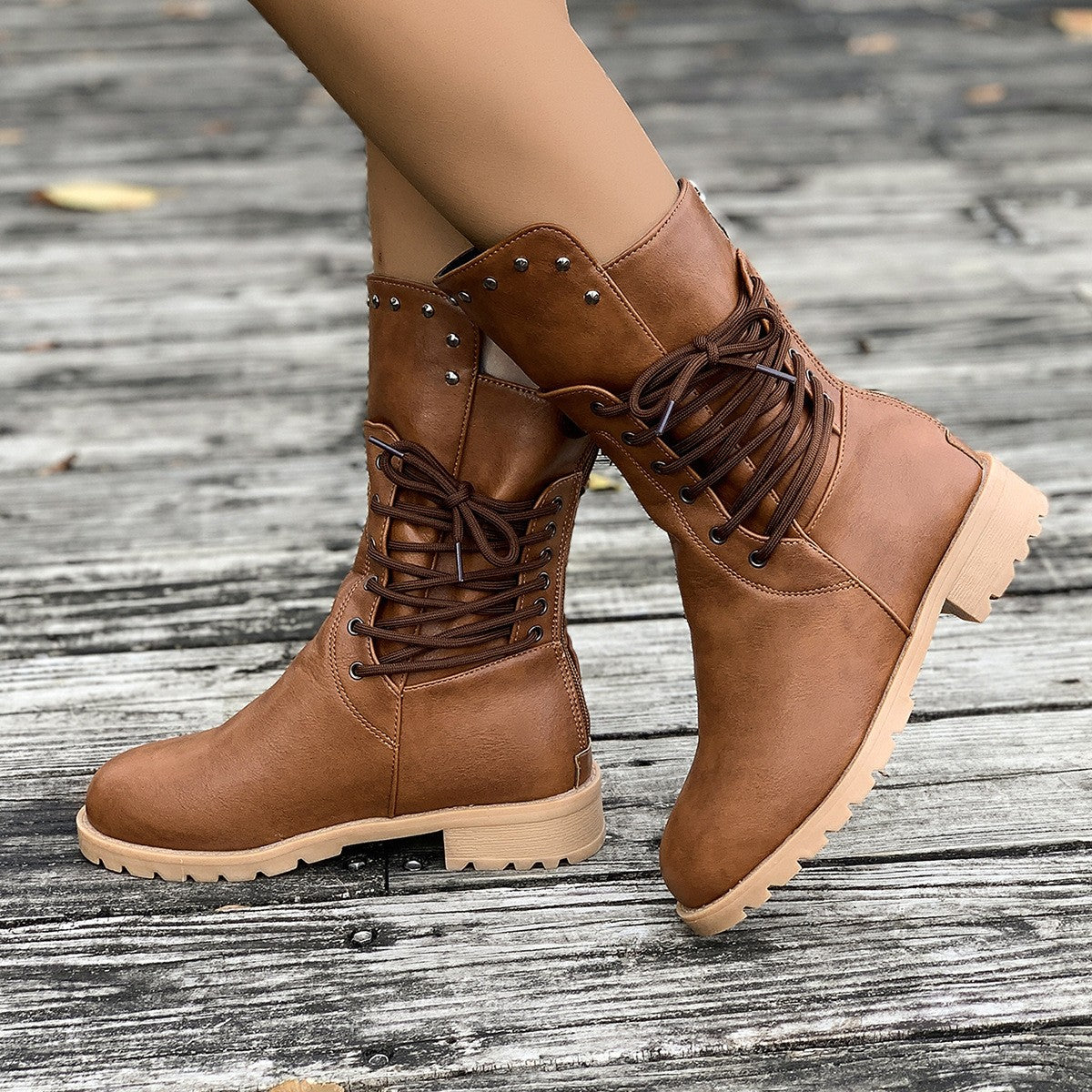Lace Wrap Studded Mid Calf Combat Boots