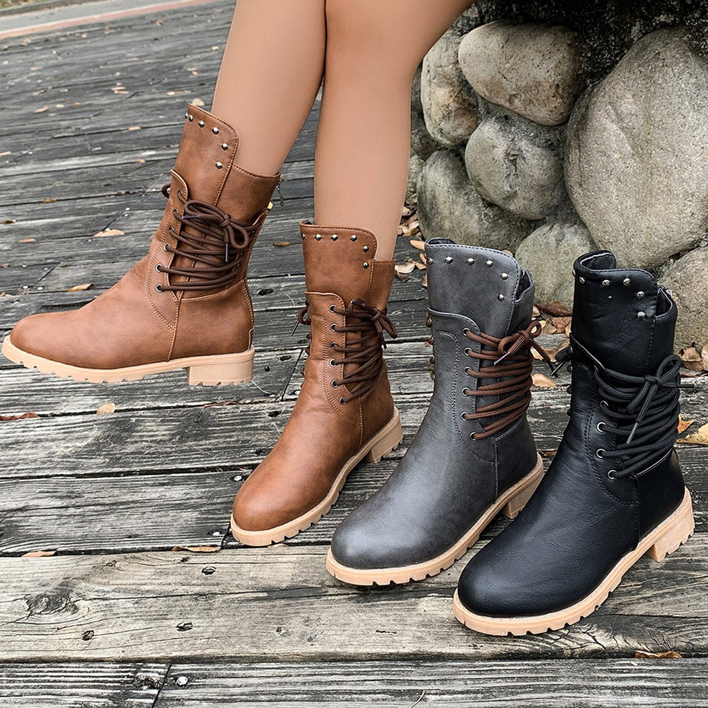 Lace Wrap Studded Mid Calf Combat Boots