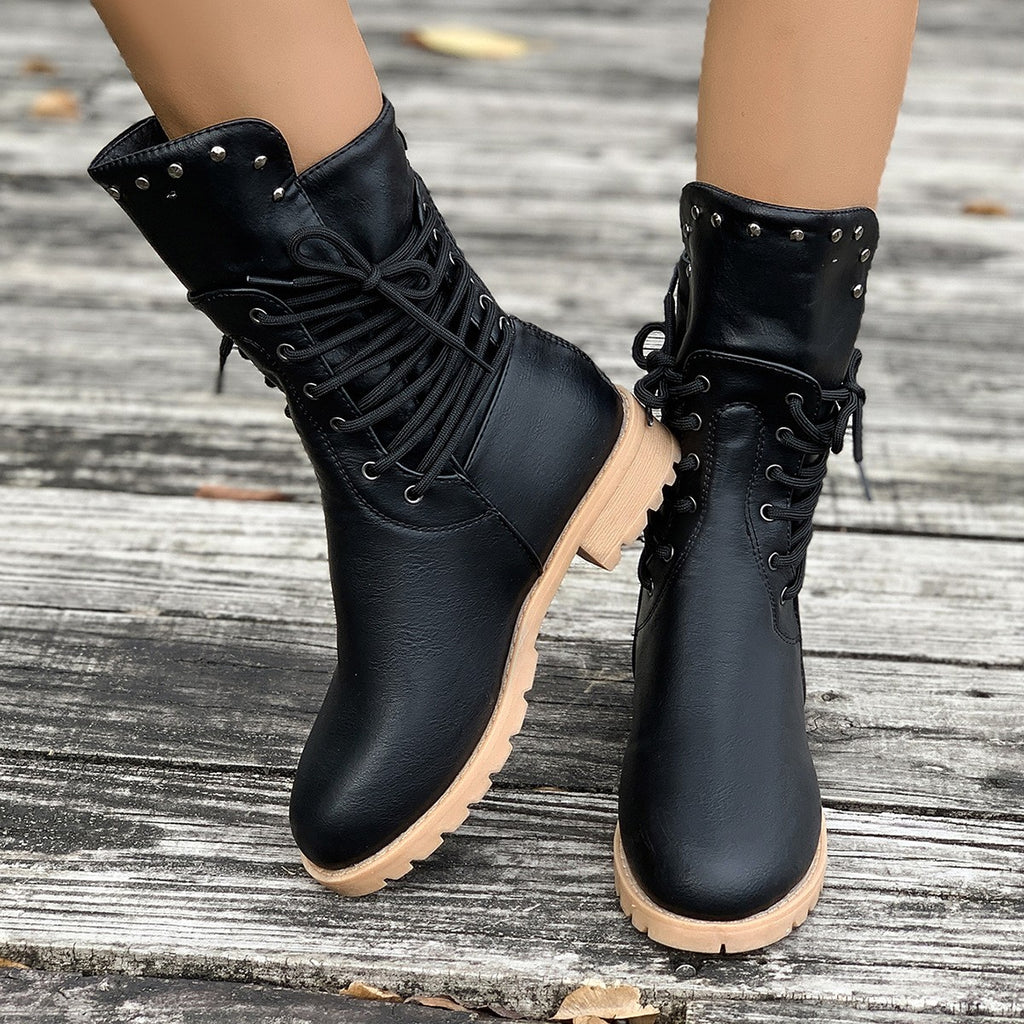 Lace Wrap Studded Mid Calf Combat Boots