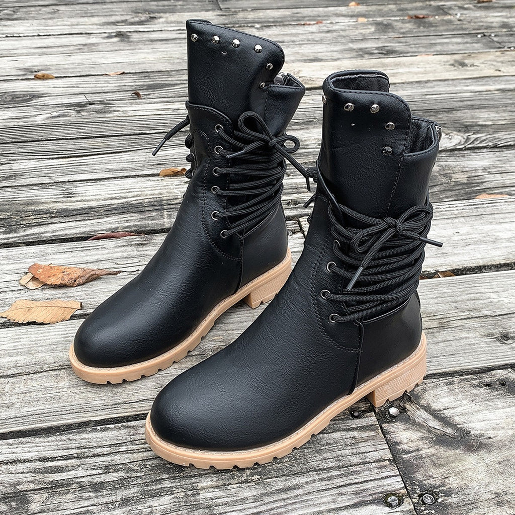 Lace Wrap Studded Mid Calf Combat Boots
