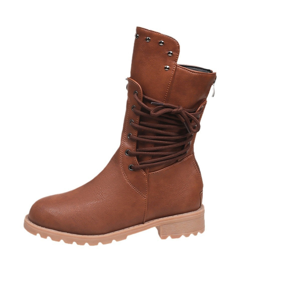 Lace Wrap Studded Mid Calf Combat Boots
