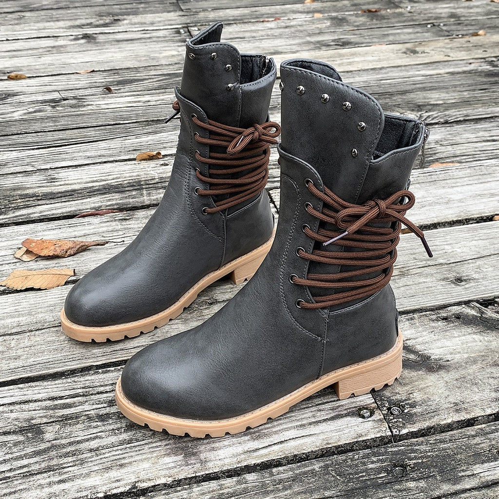 Lace Wrap Studded Mid Calf Combat Boots