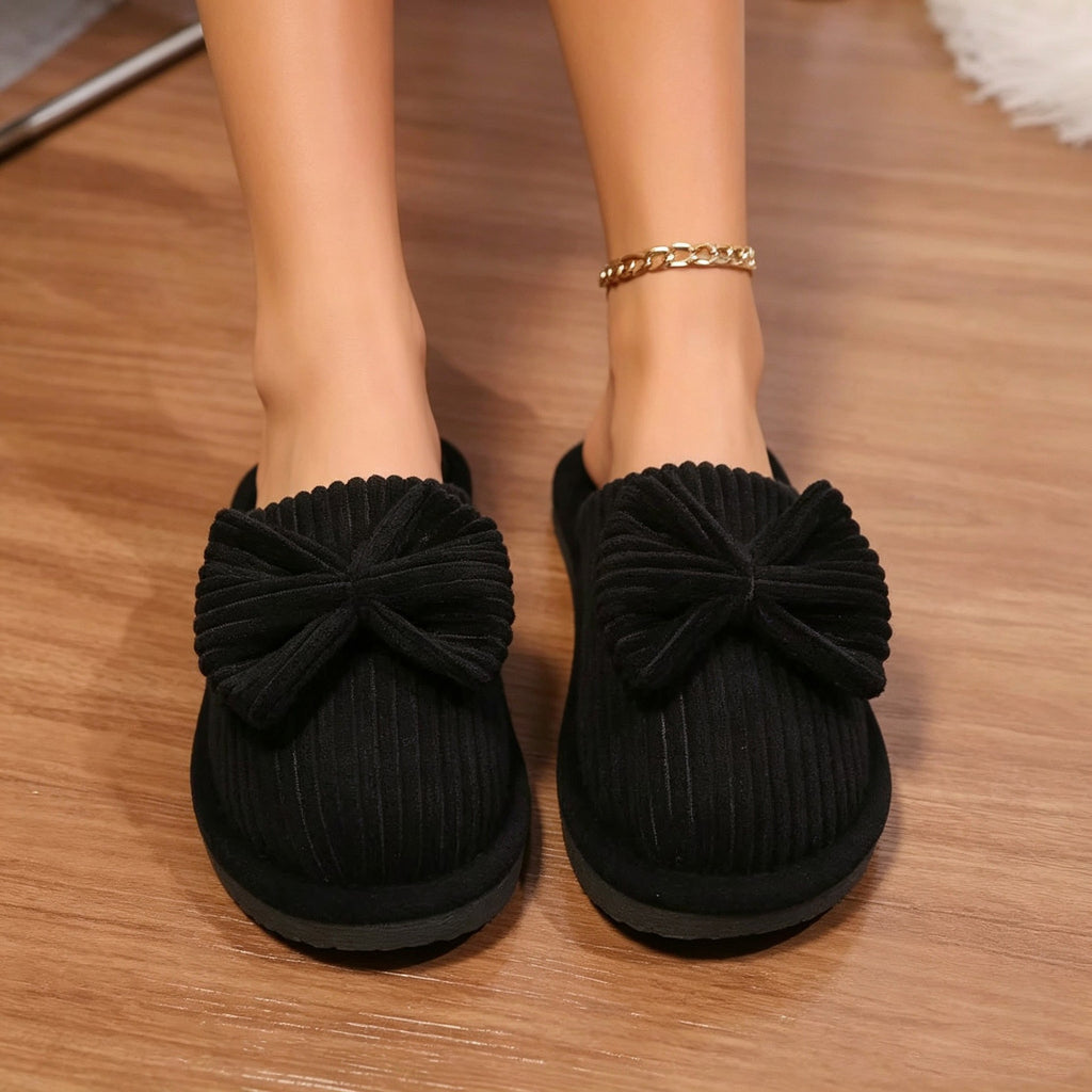 Ribbed Corduroy Bow Closed Toe Slippers - Black