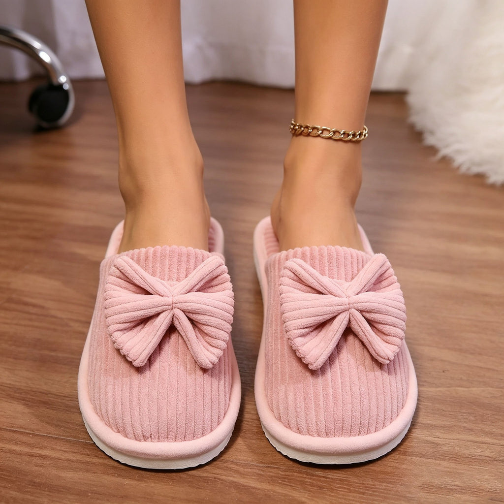 Ribbed Corduroy Bow Closed Toe Slippers