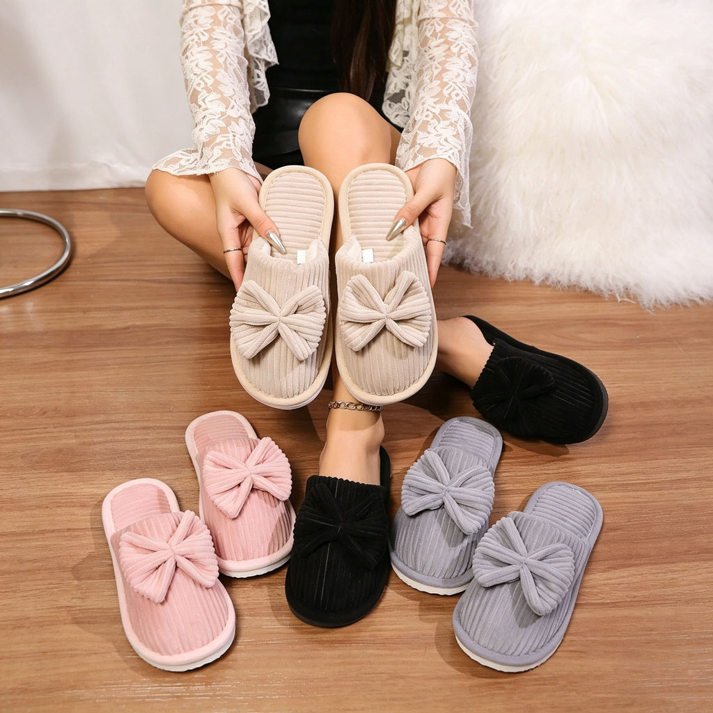 Ribbed Corduroy Bow Closed Toe Slippers