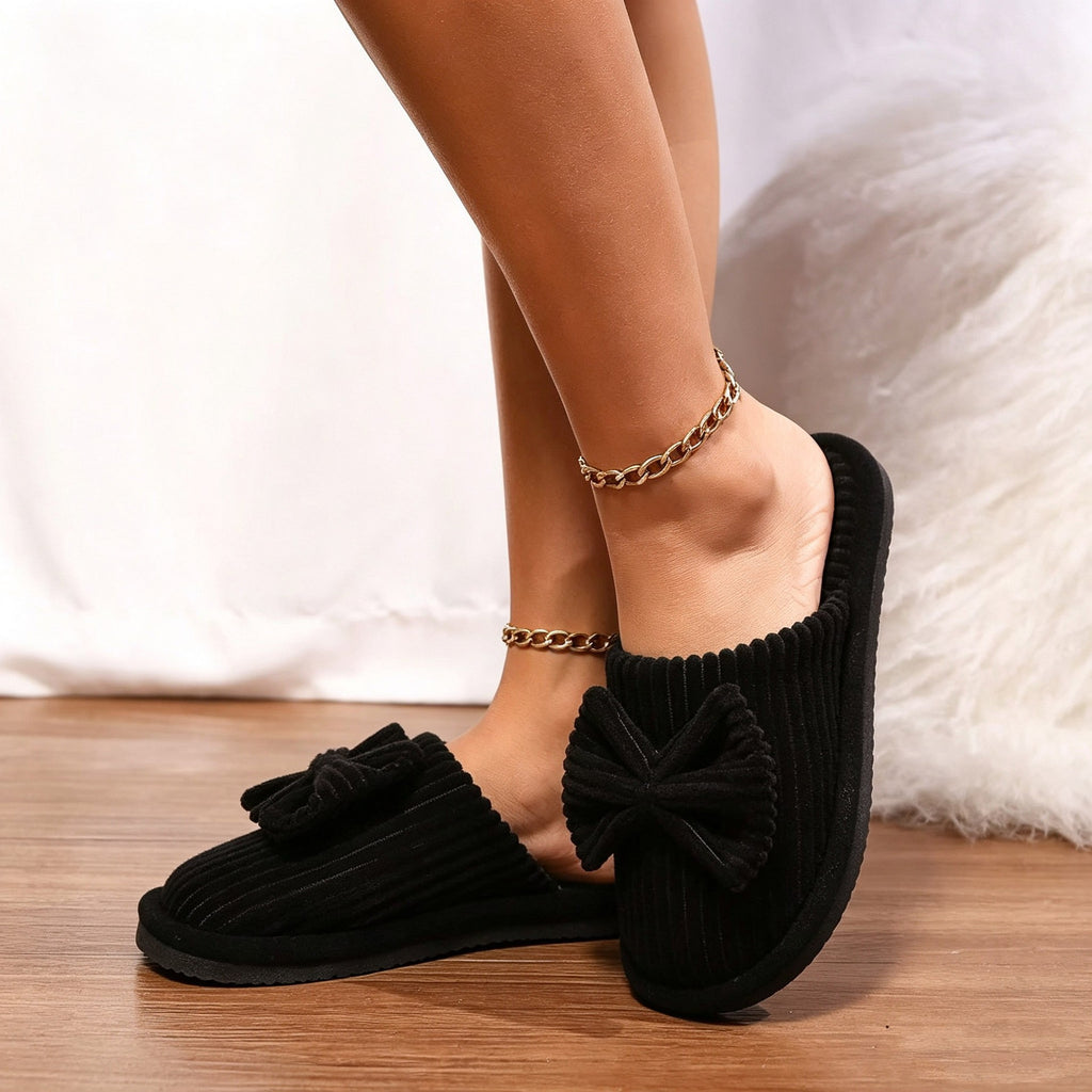 Ribbed Corduroy Bow Closed Toe Slippers