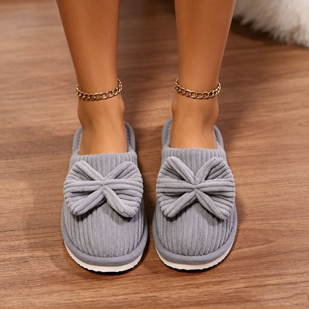 Ribbed Corduroy Bow Closed Toe Slippers