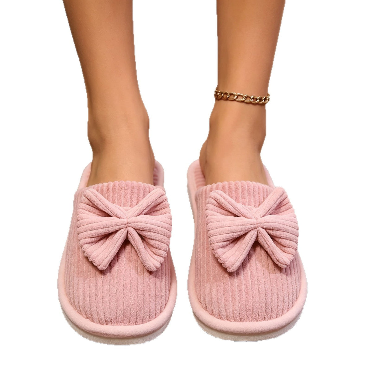 Ribbed Corduroy Bow Closed Toe Slippers