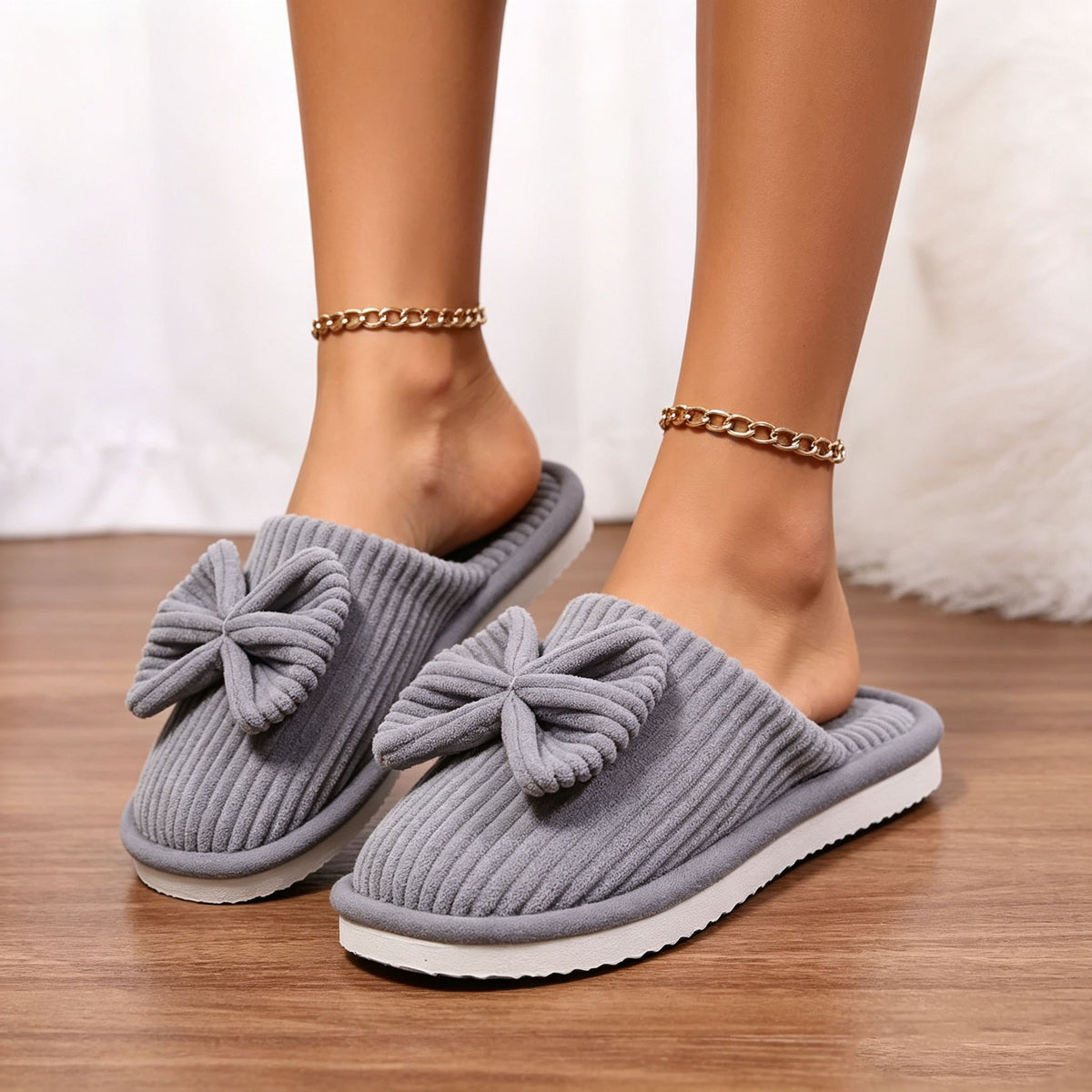 Ribbed Corduroy Bow Closed Toe Slippers