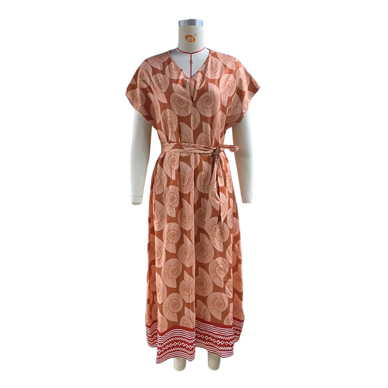 Block Print Belted Kaftan Midi Dress - Orange
