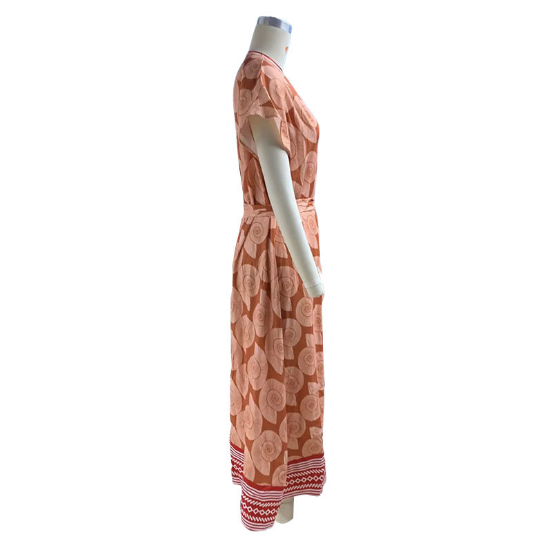 Block Print Belted Kaftan Midi Dress - Orange - 1