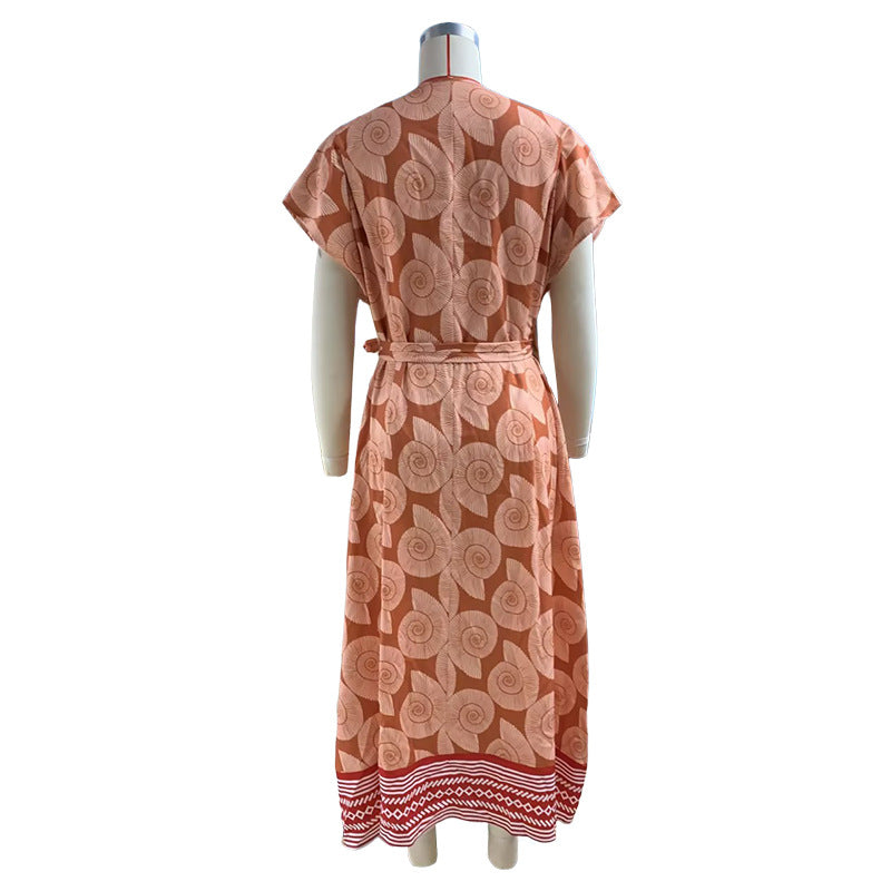 Block Print Belted Kaftan Midi Dress - Orange - 2