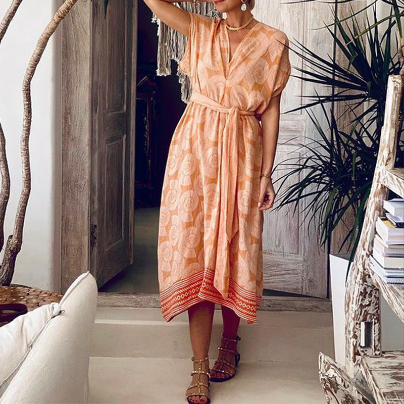 Block Print Belted Kaftan Midi Dress - Orange - 3