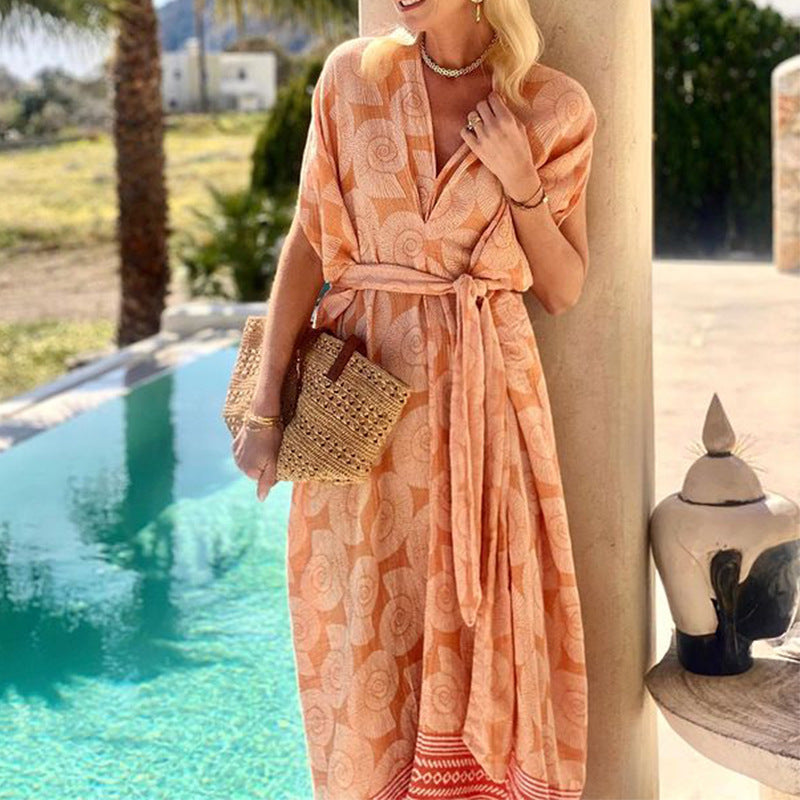 Block Print Belted Kaftan Midi Dress - Orange - 4
