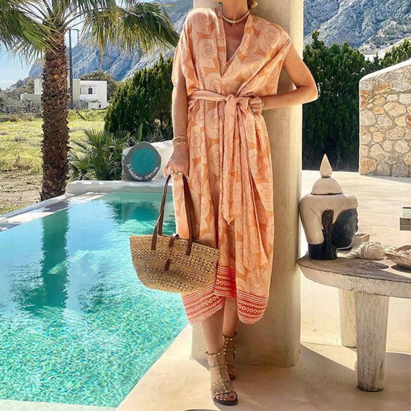Block Print Belted Kaftan Midi Dress