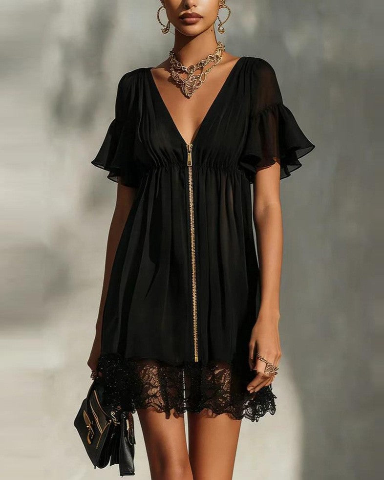 Front-Zip V-Neck Lace-Hem Ruffle Sleeve Mini Dress - Black