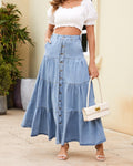 Tiered Ruffle Denim Midi Skirt with Boho Cascading Hem - Blue