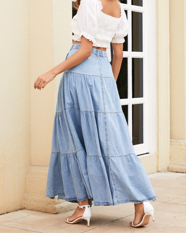 Tiered Ruffle Denim Midi Skirt with Boho Cascading Hem